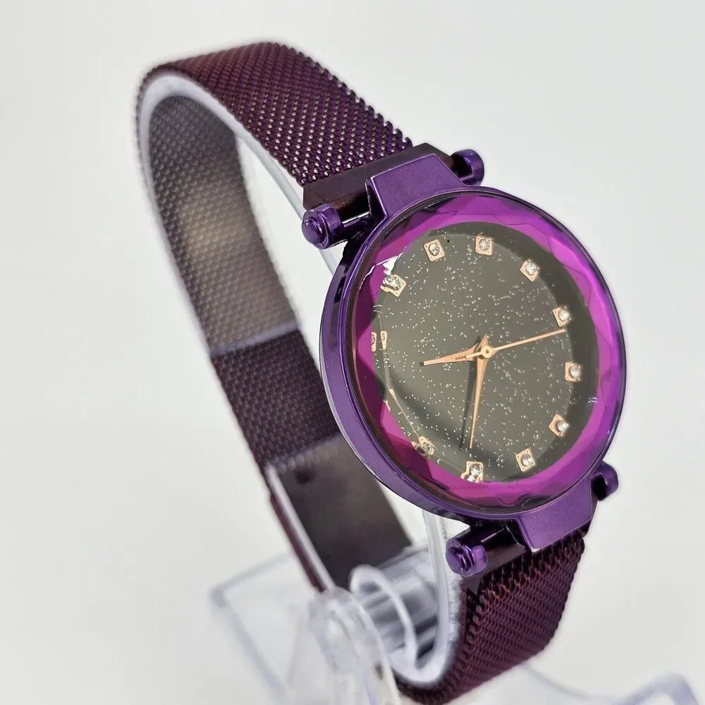 34MM Women's Watch Black Glitter Dial Purple‎ Mesh Band Up to 9